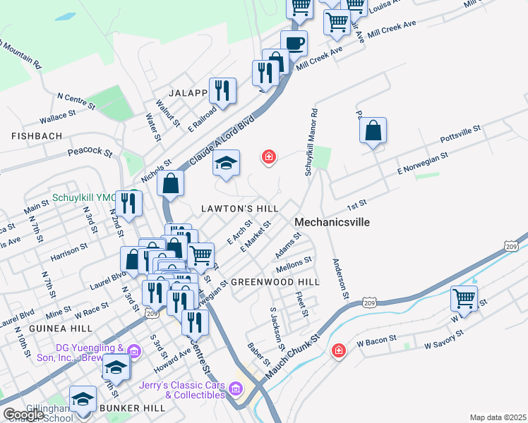 map of restaurants, bars, coffee shops, grocery stores, and more near 553 East Arch Street in Pottsville