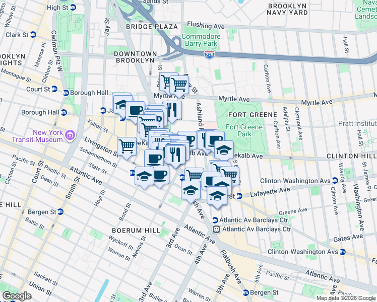 map of restaurants, bars, coffee shops, grocery stores, and more near 89 DeKalb Avenue in Brooklyn