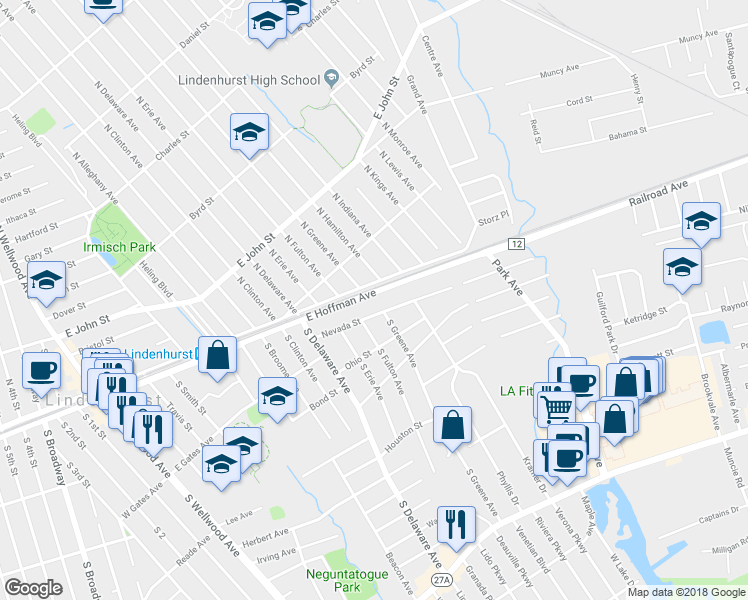 map of restaurants, bars, coffee shops, grocery stores, and more near 265 East Hoffman Avenue in Lindenhurst