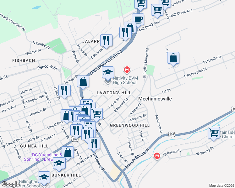 map of restaurants, bars, coffee shops, grocery stores, and more near 206 Charles Street in Pottsville