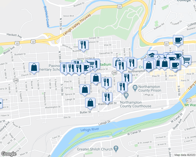 map of restaurants, bars, coffee shops, grocery stores, and more near 26 South 10th Street in Easton