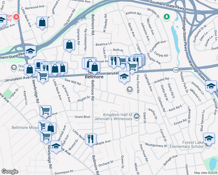 map of restaurants, bars, coffee shops, grocery stores, and more near 1235 Raymond Road in North Bellmore