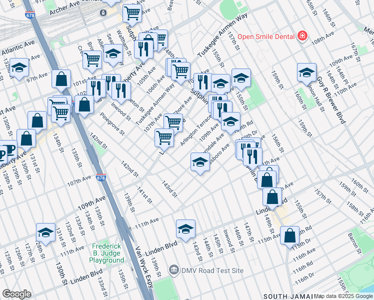 map of restaurants, bars, coffee shops, grocery stores, and more near 145-43 Arlington Terrace in Queens
