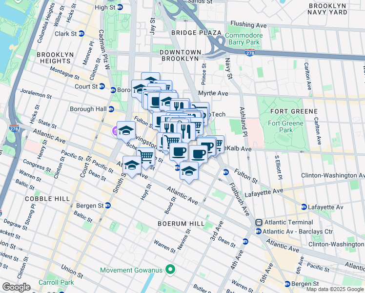 map of restaurants, bars, coffee shops, grocery stores, and more near 519 Fulton Street in Brooklyn