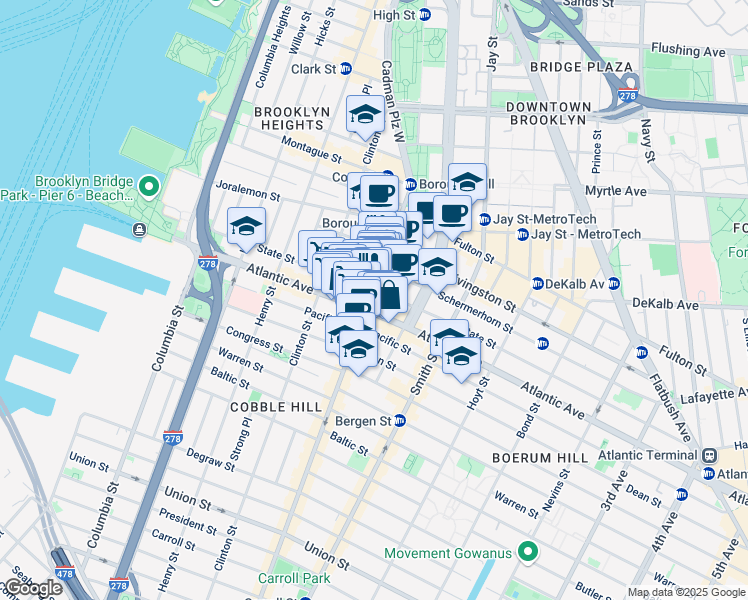 map of restaurants, bars, coffee shops, grocery stores, and more near 88 Court Street in Brooklyn
