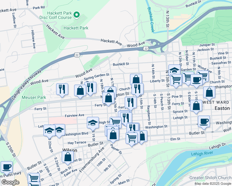 map of restaurants, bars, coffee shops, grocery stores, and more near 29 North 17th Street in Easton