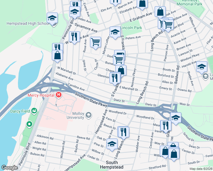 map of restaurants, bars, coffee shops, grocery stores, and more near 40 West Marshall Street in Hempstead