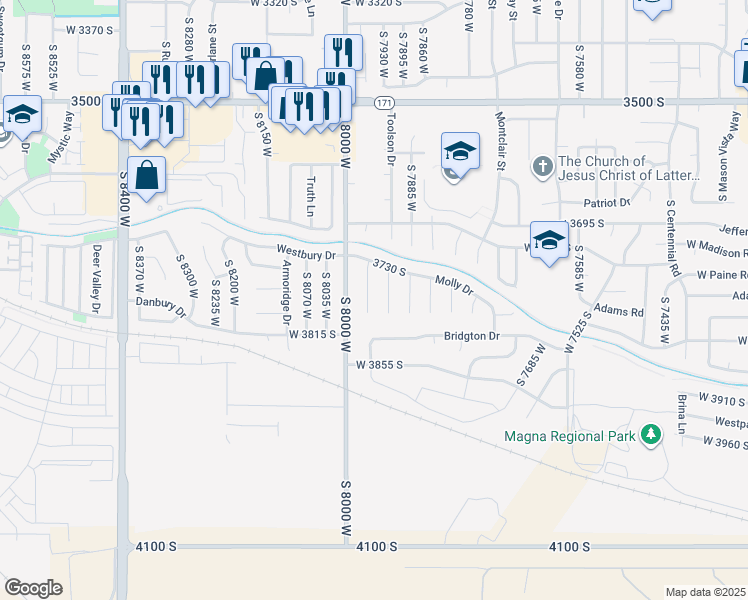 map of restaurants, bars, coffee shops, grocery stores, and more near 3765 South Stable Bay Drive in Magna
