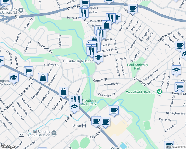 map of restaurants, bars, coffee shops, grocery stores, and more near in Hillside