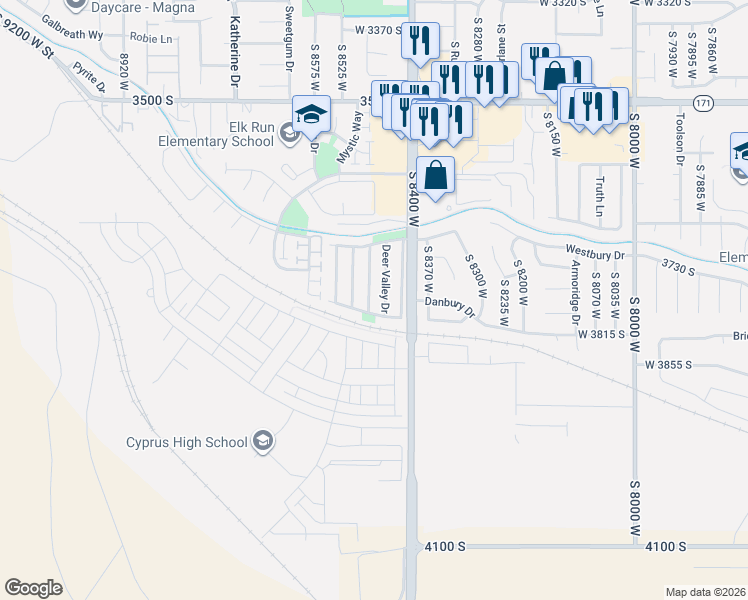 map of restaurants, bars, coffee shops, grocery stores, and more near 3765 Gold Ridge Drive in Magna