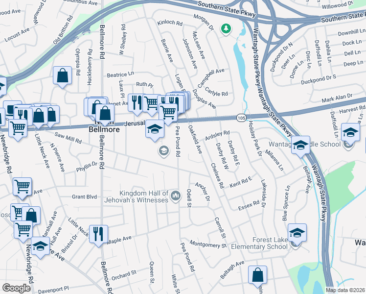 map of restaurants, bars, coffee shops, grocery stores, and more near 1243 Pea Pond Road in North Bellmore