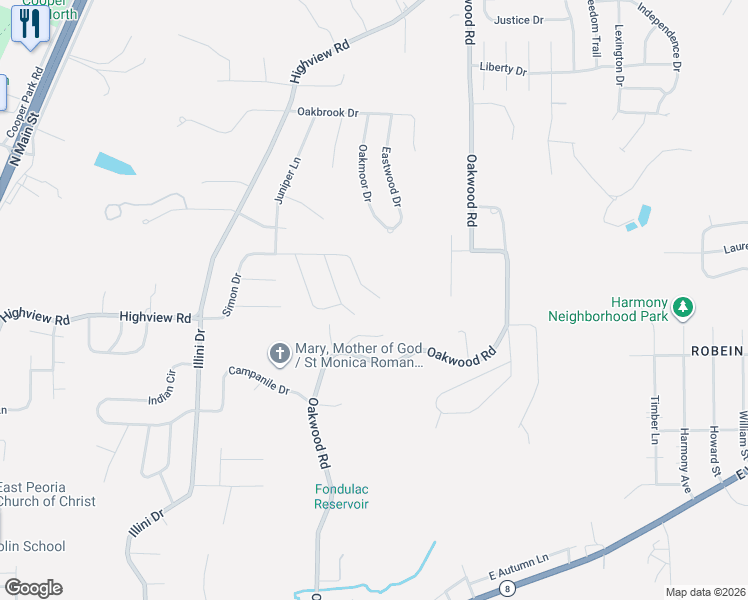 map of restaurants, bars, coffee shops, grocery stores, and more near 629 Simon Drive in East Peoria