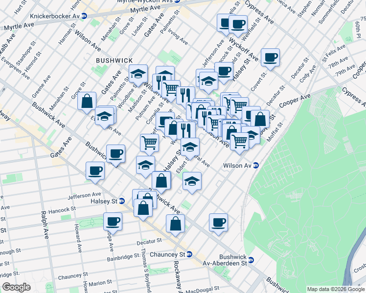 map of restaurants, bars, coffee shops, grocery stores, and more near Halsey Street & Central Avenue in Brooklyn