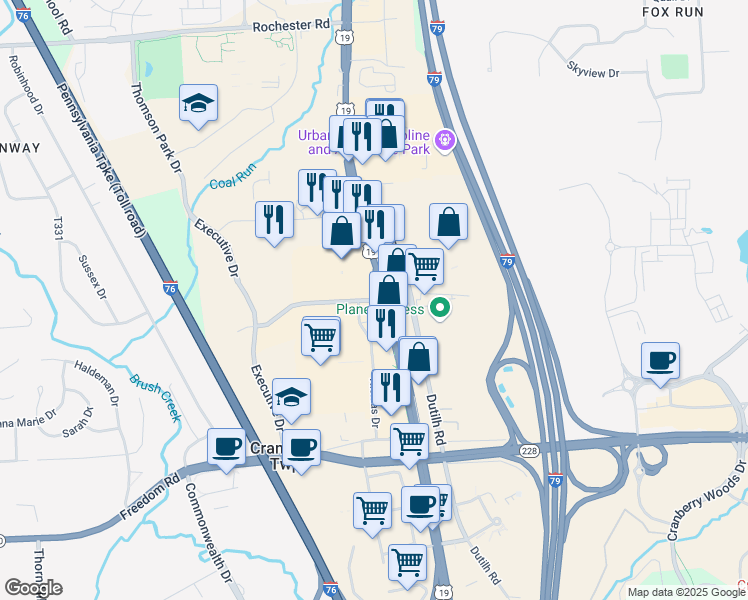 map of restaurants, bars, coffee shops, grocery stores, and more near 501 Cranberry Square Drive in Cranberry Township