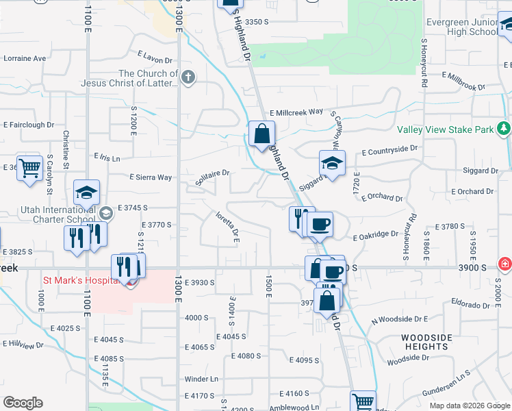 map of restaurants, bars, coffee shops, grocery stores, and more near 1460 Highland Cove Lane in Salt Lake City