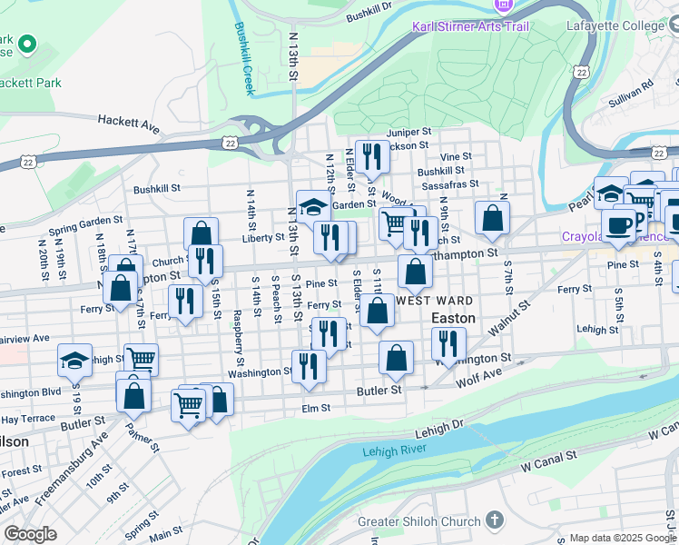 map of restaurants, bars, coffee shops, grocery stores, and more near 12 South 12th Street in Easton