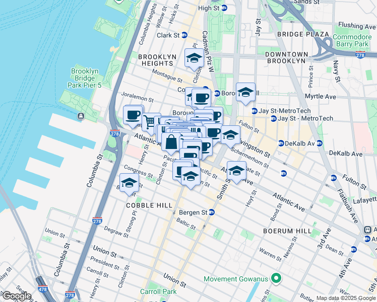map of restaurants, bars, coffee shops, grocery stores, and more near 199 Atlantic Avenue in Brooklyn