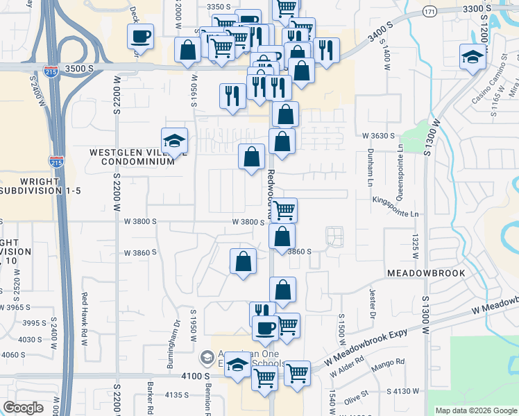 map of restaurants, bars, coffee shops, grocery stores, and more near 1739 Jadeite Lane in West Valley City