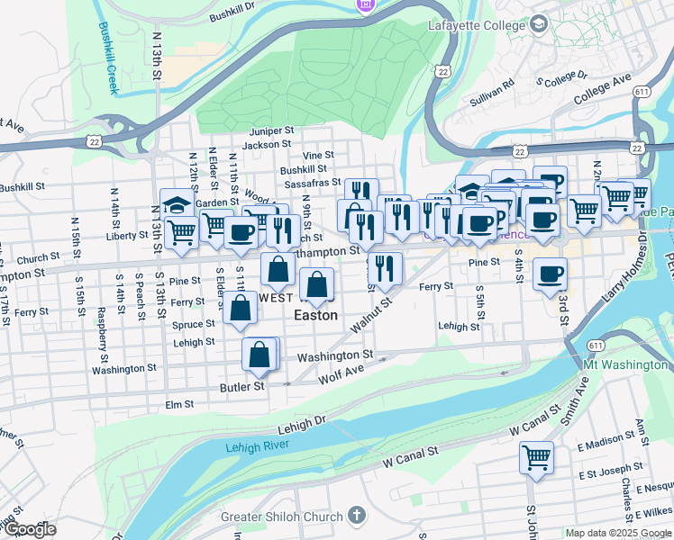 map of restaurants, bars, coffee shops, grocery stores, and more near 21 South 8th Street in Easton