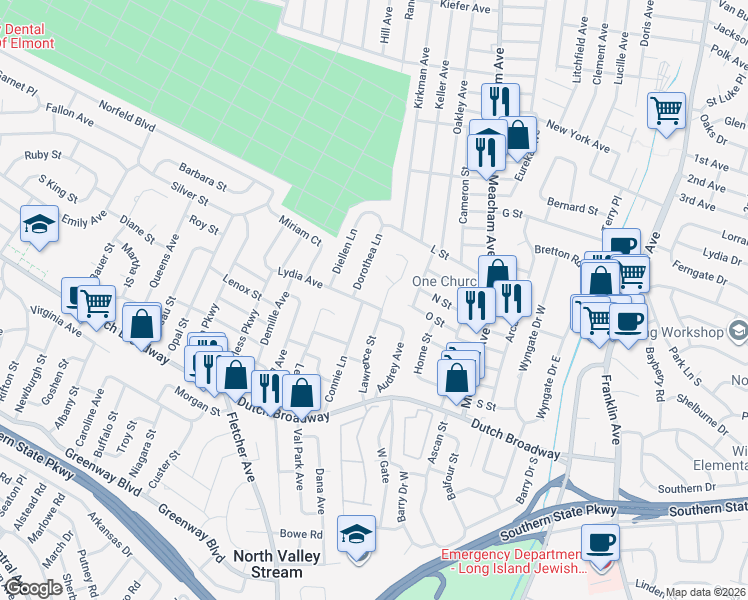 map of restaurants, bars, coffee shops, grocery stores, and more near 701 Dorothea Lane in Elmont