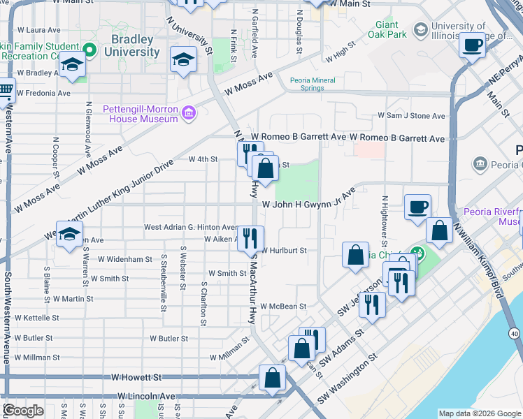 map of restaurants, bars, coffee shops, grocery stores, and more near 129 North McReynolds Court in Peoria