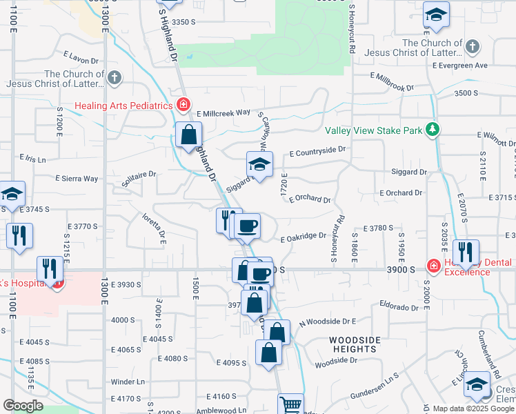 map of restaurants, bars, coffee shops, grocery stores, and more near 3741 South Forest Hills Drive in Salt Lake City