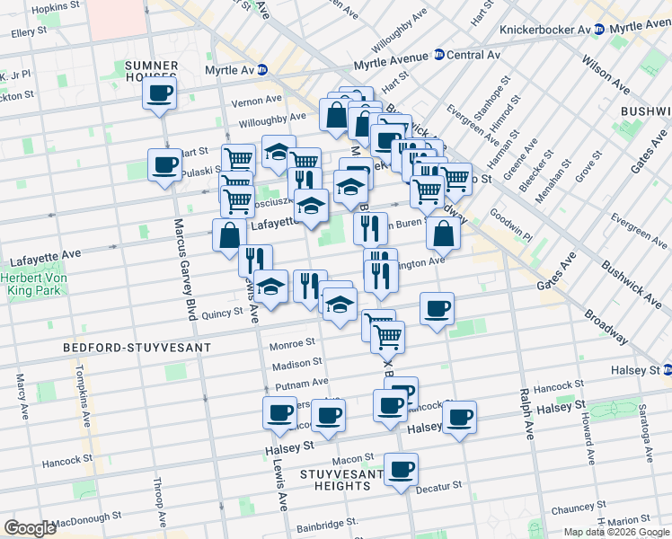 map of restaurants, bars, coffee shops, grocery stores, and more near 900A Greene Avenue in Brooklyn
