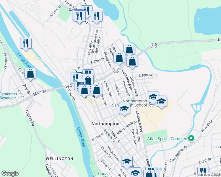 map of restaurants, bars, coffee shops, grocery stores, and more near 1925 Lincoln Avenue in Northampton