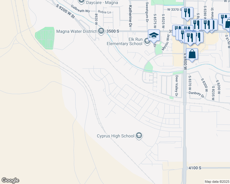 map of restaurants, bars, coffee shops, grocery stores, and more near 3763 South Gold Bank Drive in Magna