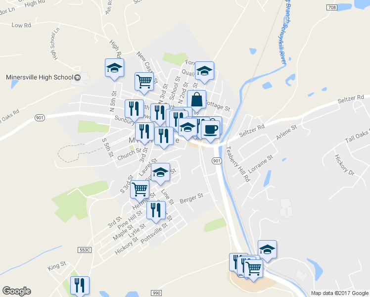 map of restaurants, bars, coffee shops, grocery stores, and more near 2 South Front Street in Minersville
