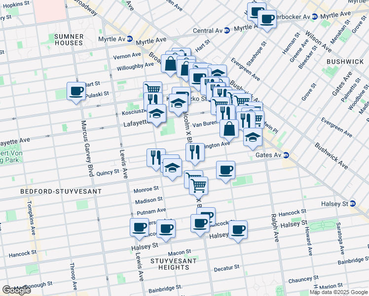 map of restaurants, bars, coffee shops, grocery stores, and more near 91A Malcolm X Boulevard in Brooklyn