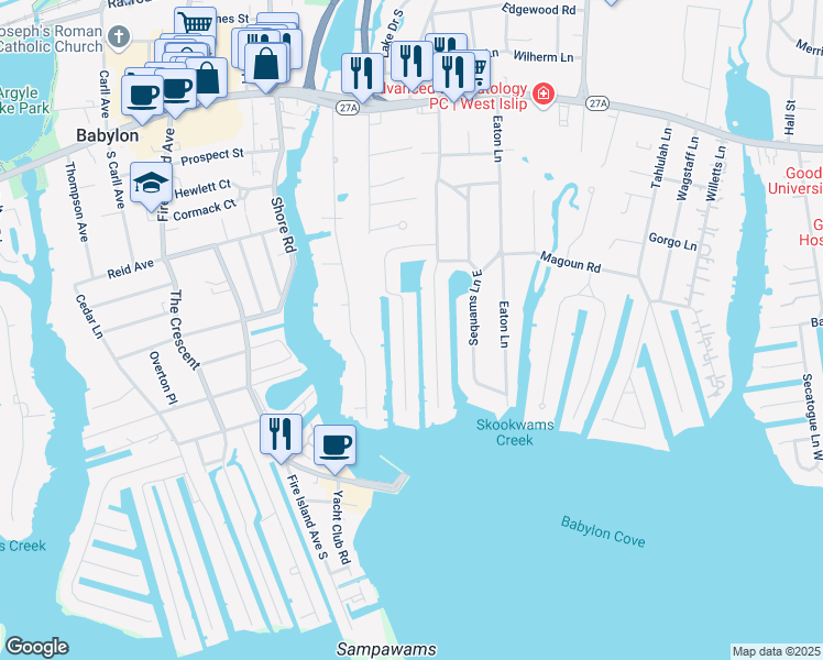 map of restaurants, bars, coffee shops, grocery stores, and more near 83 Sequams Lane West in West Islip