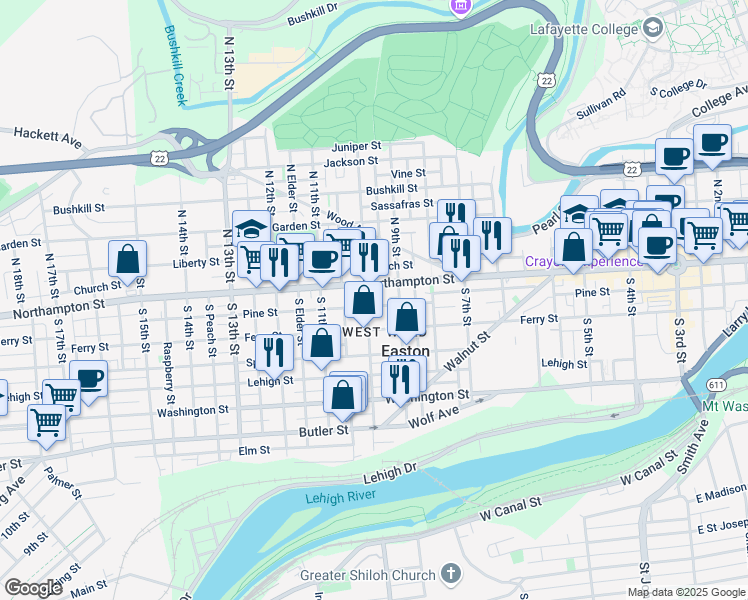map of restaurants, bars, coffee shops, grocery stores, and more near in Easton