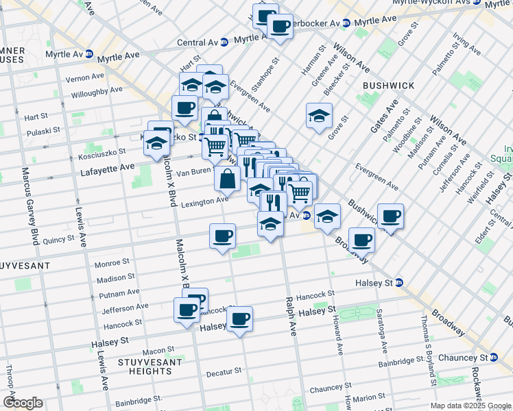 map of restaurants, bars, coffee shops, grocery stores, and more near 821 Quincy Street in Brooklyn