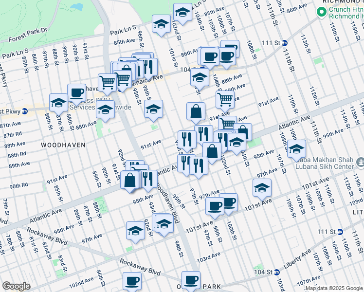 map of restaurants, bars, coffee shops, grocery stores, and more near 91-33 97th Street in Queens