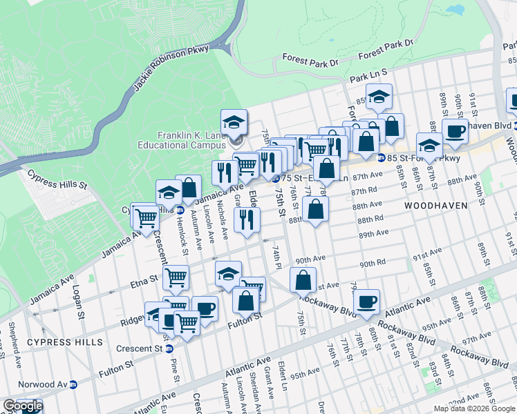 map of restaurants, bars, coffee shops, grocery stores, and more near 87-01 Eldert Lane in Queens