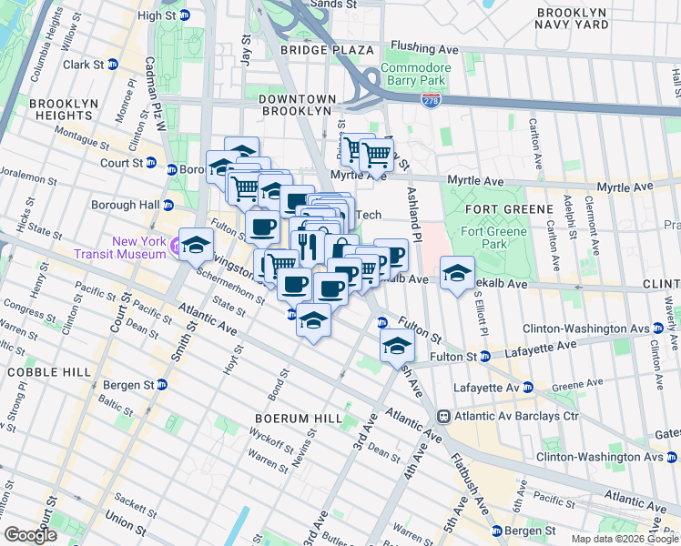 map of restaurants, bars, coffee shops, grocery stores, and more near 9 DeKalb Avenue in Brooklyn