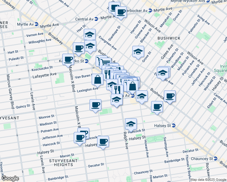 map of restaurants, bars, coffee shops, grocery stores, and more near 829A Quincy Street in Brooklyn