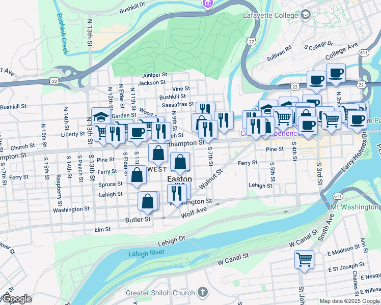 map of restaurants, bars, coffee shops, grocery stores, and more near 807 Pine Street in Easton