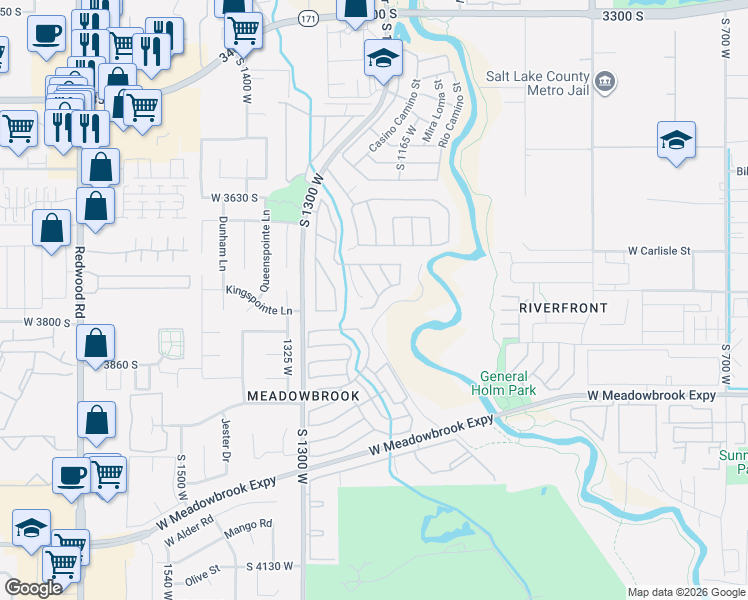 map of restaurants, bars, coffee shops, grocery stores, and more near 3692 Meadow Stream Road in West Valley City