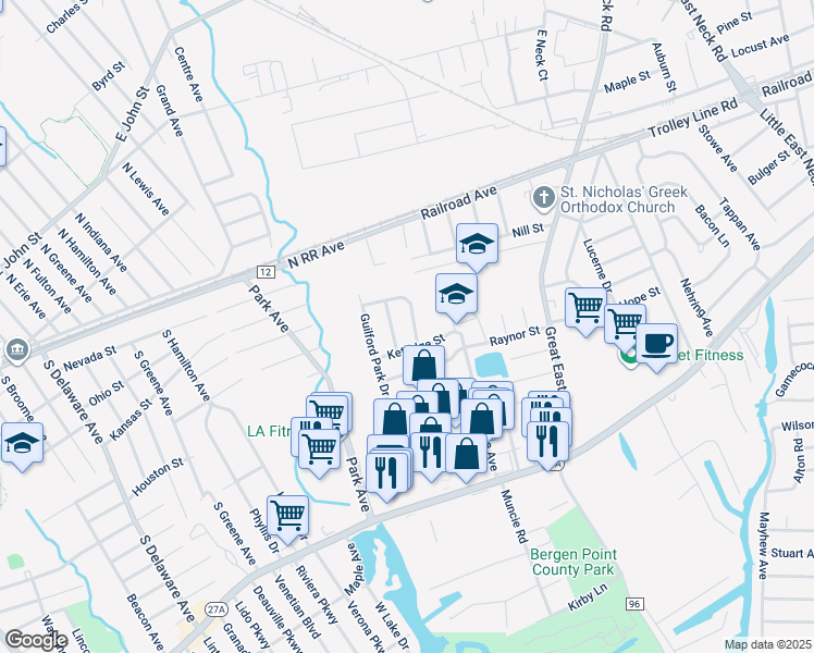 map of restaurants, bars, coffee shops, grocery stores, and more near 15 Marilyn Court in West Babylon