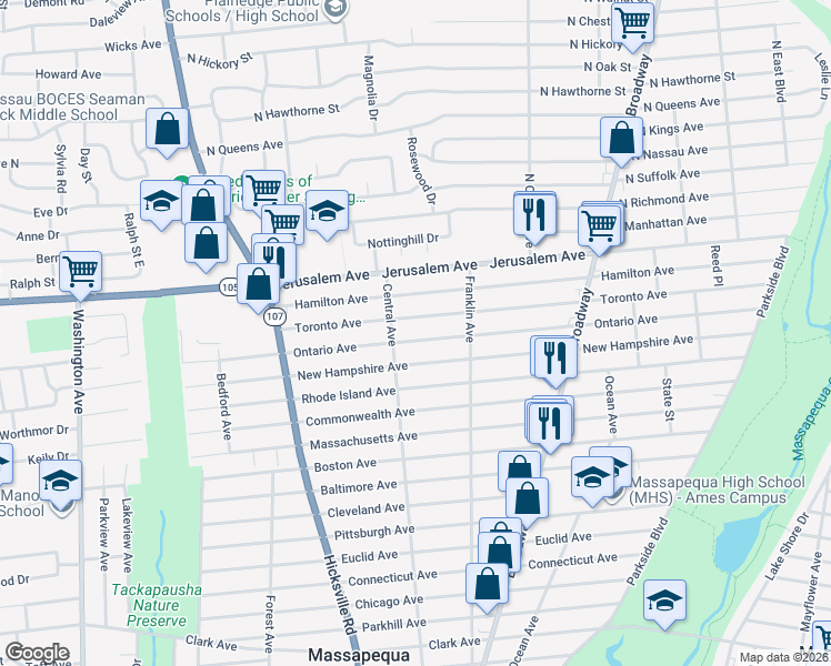 map of restaurants, bars, coffee shops, grocery stores, and more near 130 Toronto Avenue in Massapequa