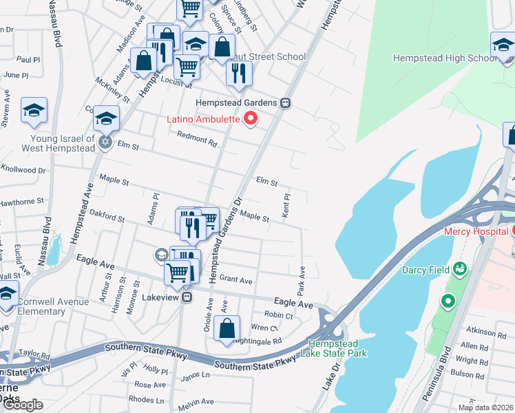 map of restaurants, bars, coffee shops, grocery stores, and more near 509 Greenwood Court in West Hempstead