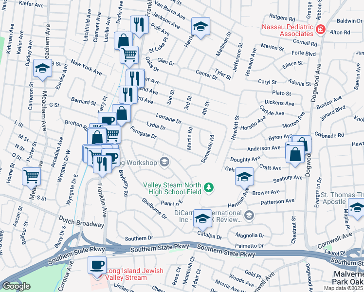 map of restaurants, bars, coffee shops, grocery stores, and more near 592 Martin Road in Franklin Square