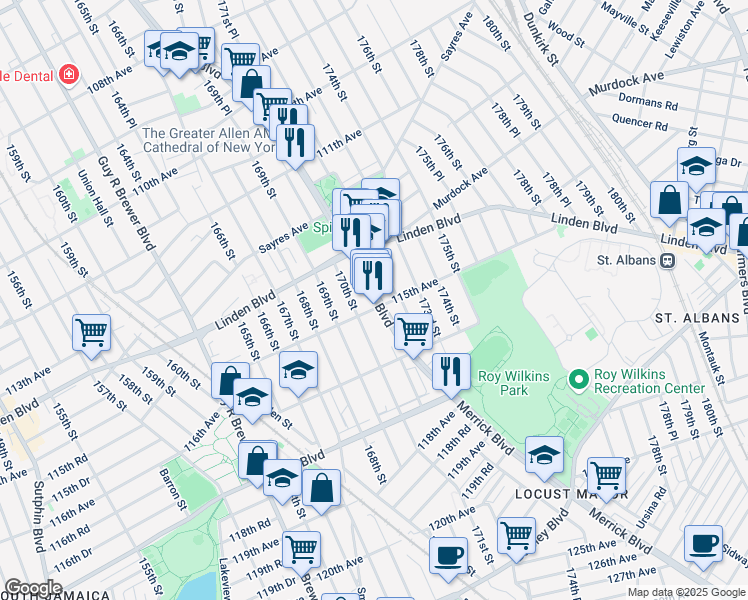 map of restaurants, bars, coffee shops, grocery stores, and more near 114-50 172nd Street in Queens