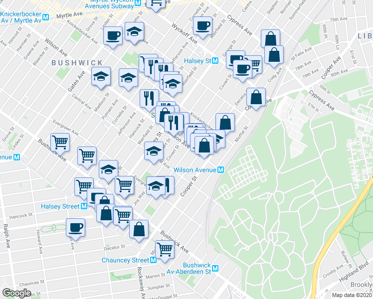map of restaurants, bars, coffee shops, grocery stores, and more near 574 Wilson Avenue in Brooklyn