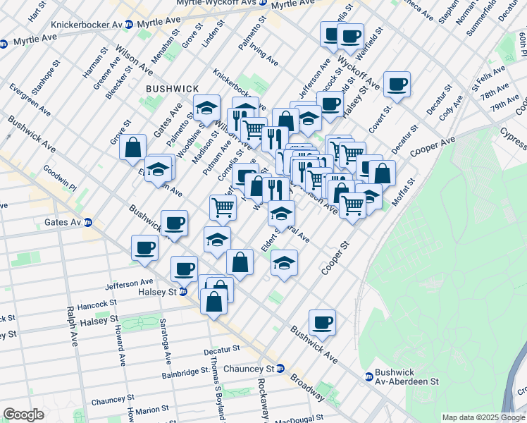 map of restaurants, bars, coffee shops, grocery stores, and more near 1155 Halsey Street in Brooklyn