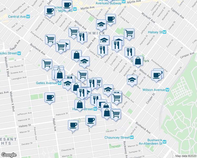 map of restaurants, bars, coffee shops, grocery stores, and more near 521 Evergreen Avenue in Brooklyn