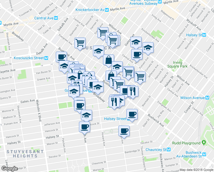 map of restaurants, bars, coffee shops, grocery stores, and more near 1071 Bushwick Avenue in Brooklyn
