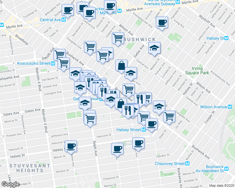 map of restaurants, bars, coffee shops, grocery stores, and more near 1071 Bushwick Avenue in Brooklyn